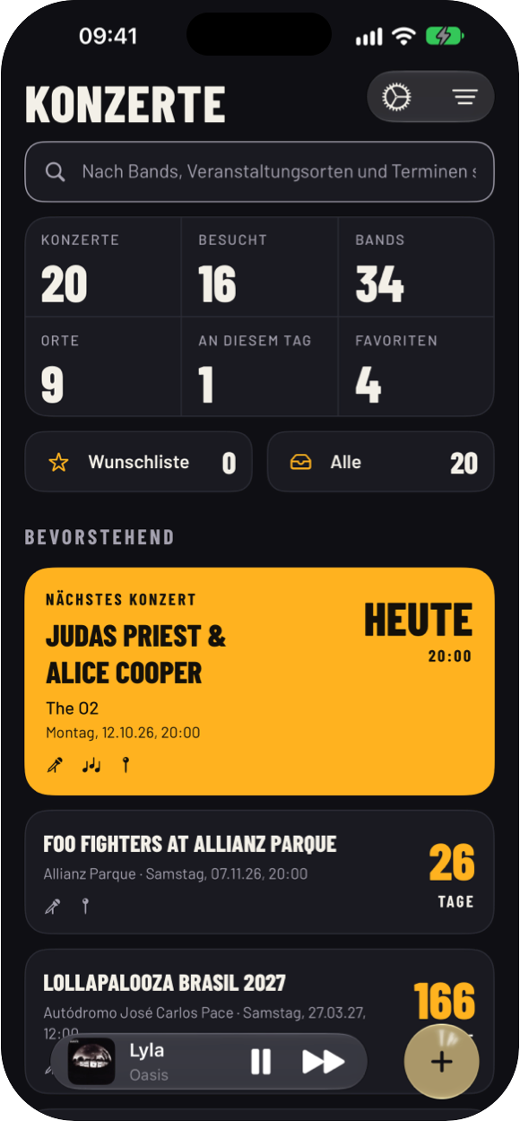 Konzertliste in Concert Craze mit Statistiken und kommenden Konzerten