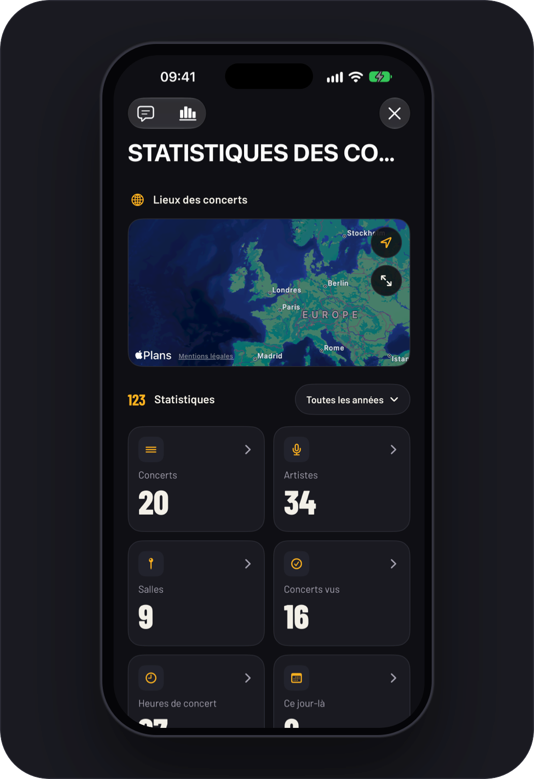 Statistiques de concerts avec une carte des lieux
