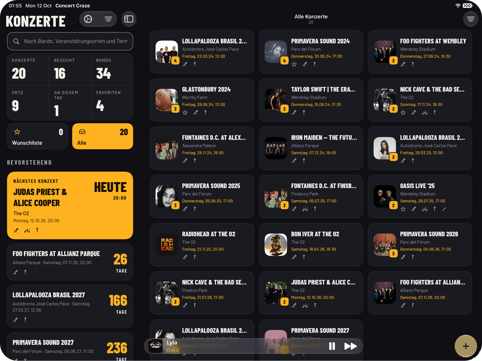 Concert Craze auf dem iPad mit der Seitenleiste für kommende Konzerte und einem Raster aller Konzerte