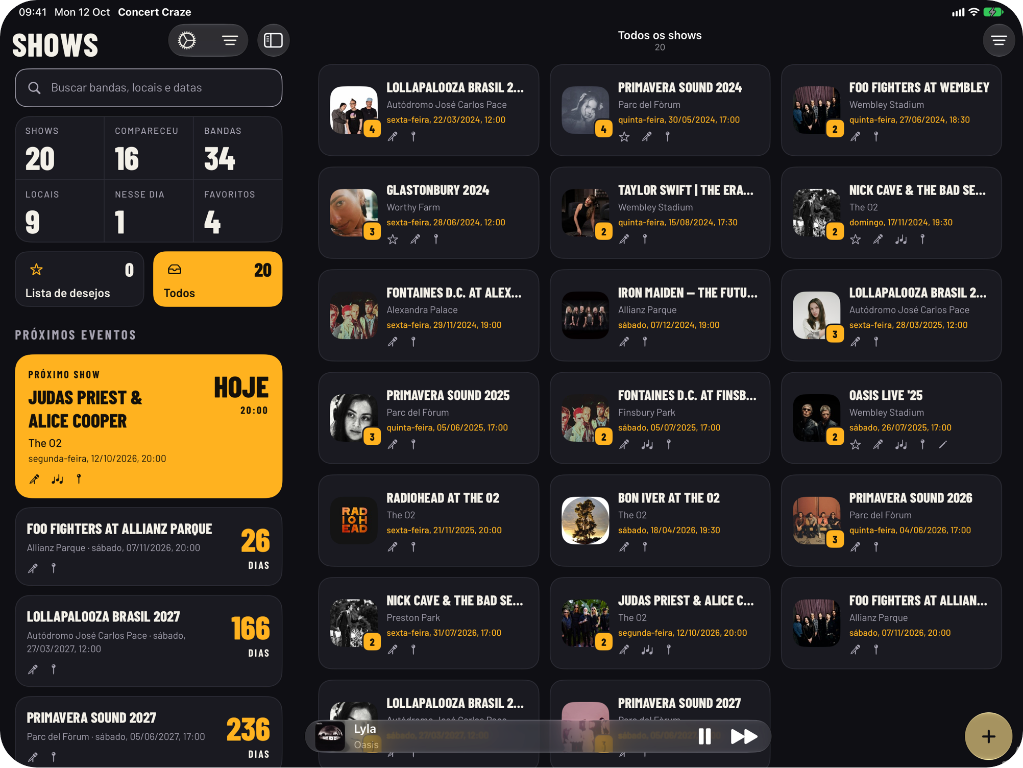 Concert Craze no iPad com a barra lateral de próximos shows e uma grade com todos os shows